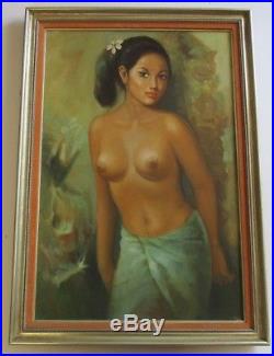 Vintage Bali Painting Nude Female Young Woman Model 1970 Island Tropical Signed