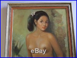 Vintage Bali Painting Nude Female Young Woman Model 1970 Island Tropical Signed