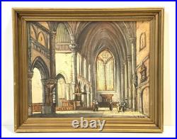 Vintage Basilica Church Interior Painting On Canvas Signed Framed
