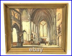 Vintage Basilica Church Interior Painting On Canvas Signed Framed