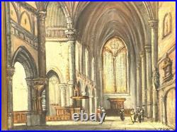 Vintage Basilica Church Interior Painting On Canvas Signed Framed