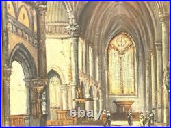 Vintage Basilica Church Interior Painting On Canvas Signed Framed