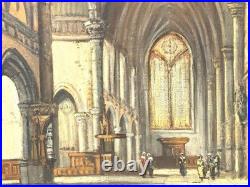 Vintage Basilica Church Interior Painting On Canvas Signed Framed