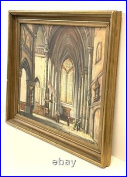 Vintage Basilica Church Interior Painting On Canvas Signed Framed