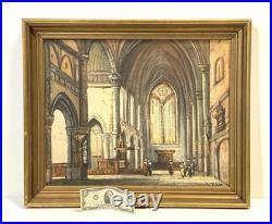 Vintage Basilica Church Interior Painting On Canvas Signed Framed
