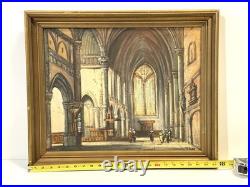Vintage Basilica Church Interior Painting On Canvas Signed Framed