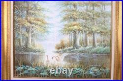 Vintage Bathing Swans Lilly Pads Landscape Oil Painting Canvas Signed Mcdonald