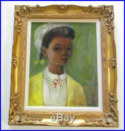 Vintage Black Americana Painting Portrait Young Woman Girl Child MID Century Mod