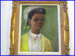 Vintage Black Americana Painting Portrait Young Woman Girl Child MID Century Mod