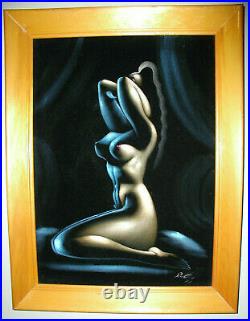 Vintage Black Velvet Female Nude Painting Mid Century Modern Signed