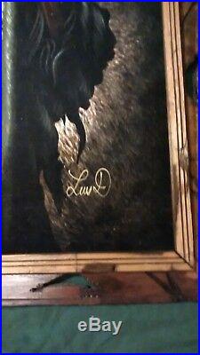 Vintage Black Velvet Native American Indian Chief Painting Signed Framed 40x28