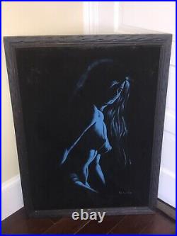 Vintage Black Velvet Nude Painting Female Woman Signed Framed Blue Large Artwork