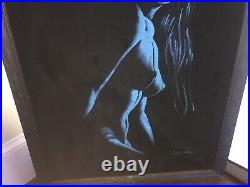 Vintage Black Velvet Nude Painting Female Woman Signed Framed Blue Large Artwork