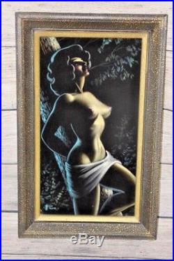 Vintage Black Velvet Nude Signed Painting Framed Retro Art 1960's