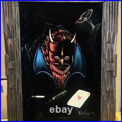 Vintage Black Velvet Painting Devil's Vices Mid Century Modern 60s 70s Signed