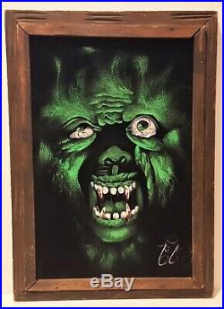 Vintage Black Velvet Painting Green Scary Monster Werewolf 1960's Mexico Signed