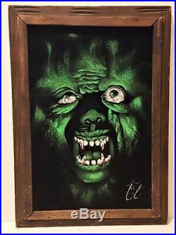 Vintage Black Velvet Painting Green Scary Monster Werewolf 1960's Mexico Signed