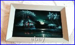 Vintage Black Velvet Painting Tropical Tiki Landscape Artist Signed