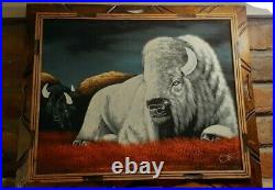 Vintage Black Velvet Painting WHITE BUFFALO Signed Ortiz 15.5 x 19 Wood Frame