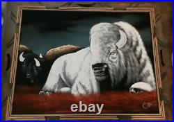 Vintage Black Velvet Painting WHITE BUFFALO Signed Ortiz 15.5 x 19 Wood Frame