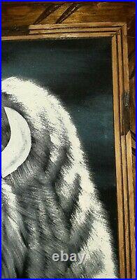 Vintage Black Velvet Painting WHITE BUFFALO Signed Ortiz 15.5 x 19 Wood Frame