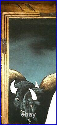 Vintage Black Velvet Painting WHITE BUFFALO Signed Ortiz 15.5 x 19 Wood Frame