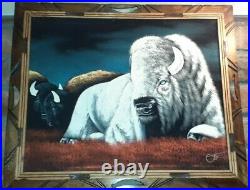 Vintage Black Velvet Painting WHITE BUFFALO Signed Ortiz 15.5 x 19 Wood Frame