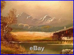 Vintage Bob Ross Style Signed Painting Mountain Wilderness Lake Cabin 20X16