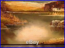Vintage Bob Ross Style Signed Painting Mountain Wilderness Lake Cabin 20X16