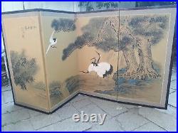 Vintage Byobu Artist Signed Hand Painted 4 Panel Divider Screen 35x17.5 each pnl