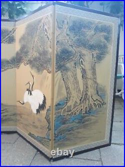 Vintage Byobu Artist Signed Hand Painted 4 Panel Divider Screen 35x17.5 each pnl