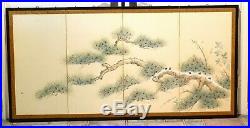 Vintage Byobu Artist Signed Hand Painted Pine Tree Silk 4 Panel Divider Screen