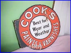 Vintage COOK'S PAINTS & VARNISHES METAL double sided sign -RARE vgc some rust