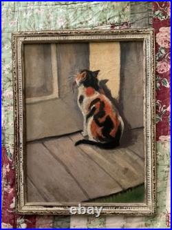 Vintage Calico Cat Painting With Phila Exhibition Label Signed And Dates