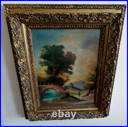 Vintage Canvas Oil Painting Scenic Framed 18x22 Wood Gesso frame signed Pierry