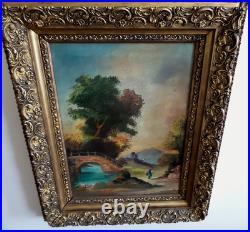 Vintage Canvas Oil Painting Scenic Framed 18x22 Wood Gesso frame signed Pierry