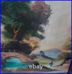 Vintage Canvas Oil Painting Scenic Framed 18x22 Wood Gesso frame signed Pierry