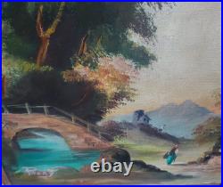 Vintage Canvas Oil Painting Scenic Framed 18x22 Wood Gesso frame signed Pierry
