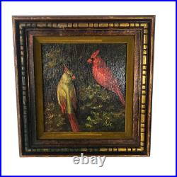 Vintage Cardinal Birds Vintage Male Female Oil Painting Signed /blc Wood Frame