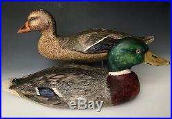 Vintage Carved & Painted 16.5 Mallard Hen & Drake Decoy Pair, Signed Dated 1958