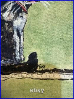 Vintage Cat Painting On Canvas, Wood Framed 13x15 Green Signed