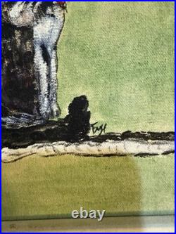Vintage Cat Painting On Canvas, Wood Framed 13x15 Green Signed