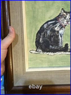 Vintage Cat Painting On Canvas, Wood Framed 13x15 Green Signed