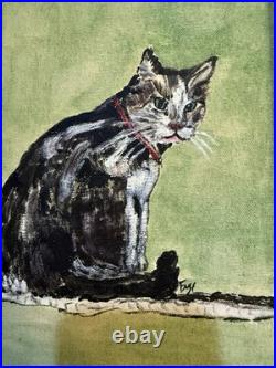 Vintage Cat Painting On Canvas, Wood Framed 13x15 Green Signed