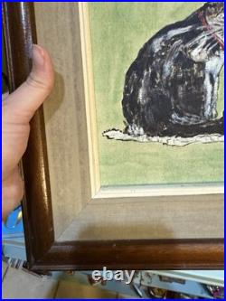 Vintage Cat Painting On Canvas, Wood Framed 13x15 Green Signed