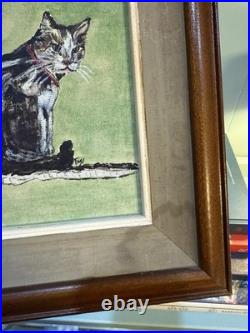 Vintage Cat Painting On Canvas, Wood Framed 13x15 Green Signed
