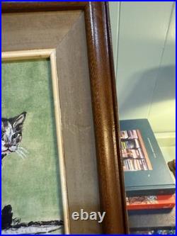 Vintage Cat Painting On Canvas, Wood Framed 13x15 Green Signed