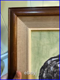 Vintage Cat Painting On Canvas, Wood Framed 13x15 Green Signed