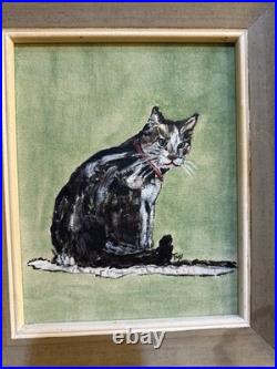 Vintage Cat Painting On Canvas, Wood Framed 13x15 Green Signed