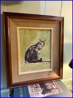 Vintage Cat Painting On Canvas, Wood Framed 13x15 Green Signed